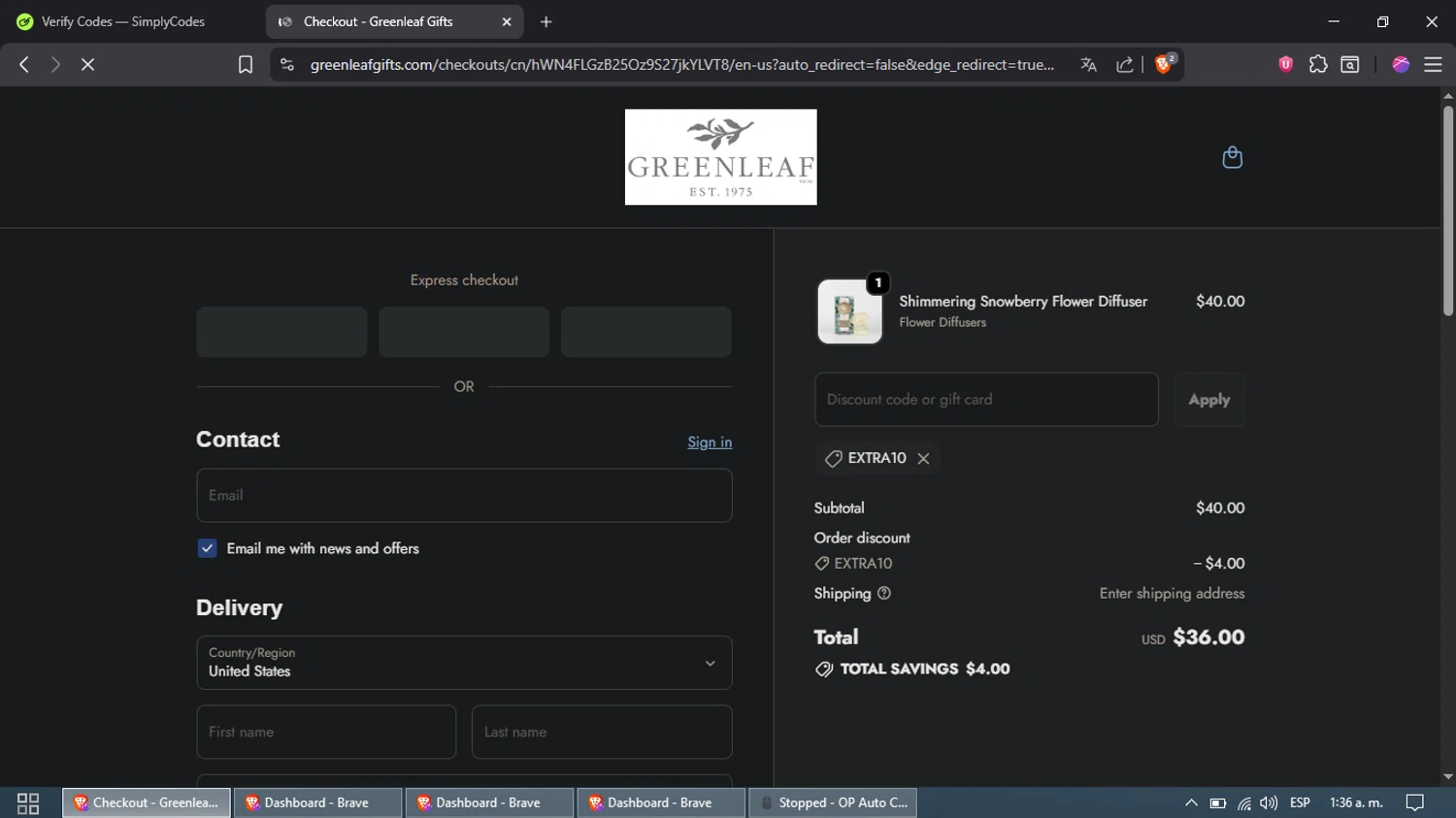 Greenleaf Gifts promo code screenshot showing code EXTRA10 applied at Greenleaf Gifts checkout page. Uploaded by SimplyCodes community member Samira on Oct 18, 2025