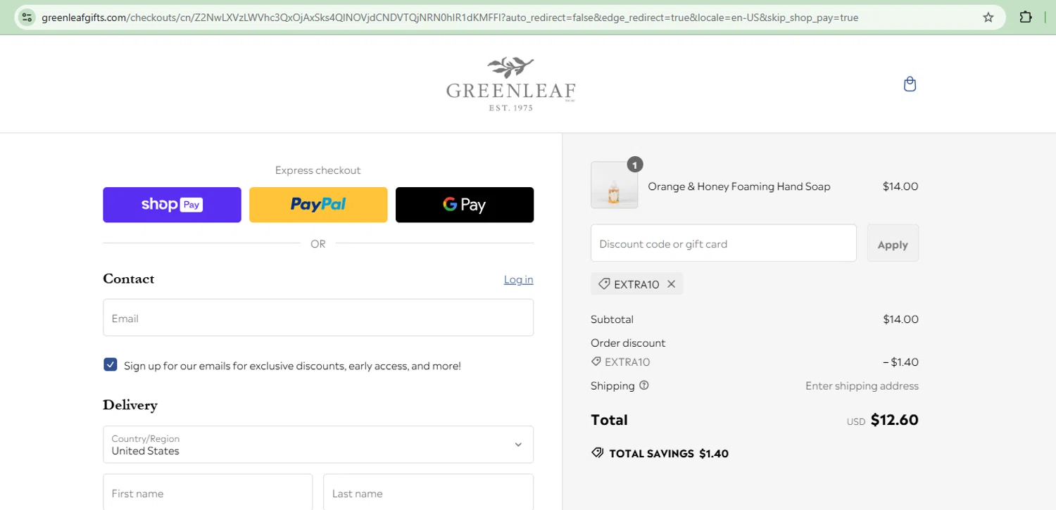 Greenleaf Gifts promo code screenshot showing code EXTRA10 applied at Greenleaf Gifts checkout page. Uploaded by SimplyCodes community member CoinOwl9375 on Feb 4, 2025