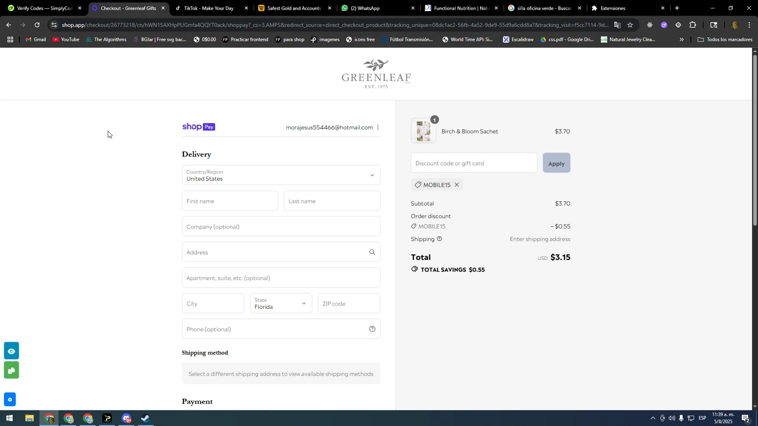 Greenleaf Gifts promo code screenshot showing code MOBILE15 applied at Greenleaf Gifts checkout page. Uploaded by SimplyCodes community member kakakakakka on Aug 5, 2025
