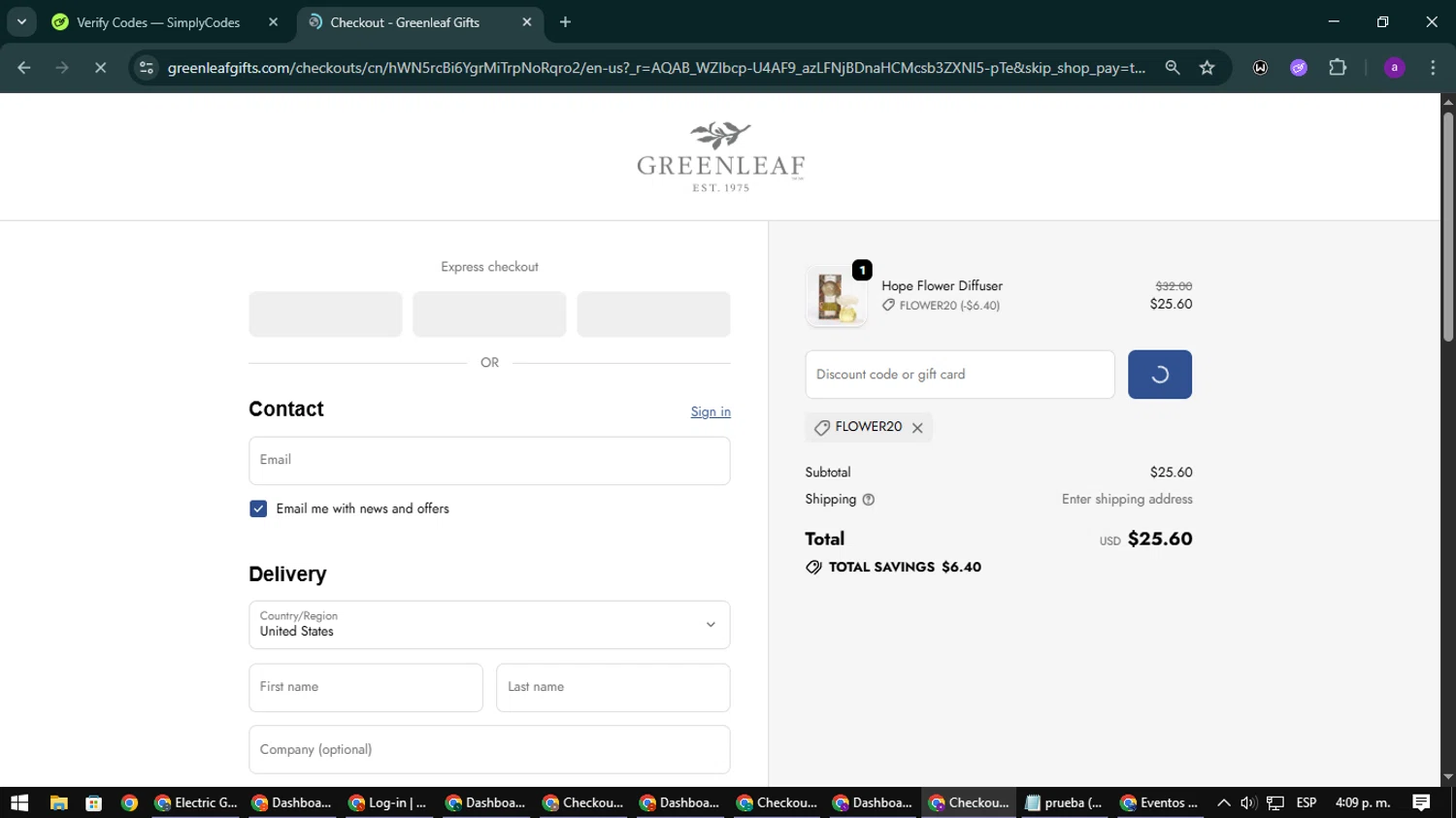 Greenleaf Gifts promo code screenshot showing code FLOWER20 applied at Greenleaf Gifts checkout page. Uploaded by SimplyCodes community member CoinElite8997 on Nov 29, 2025