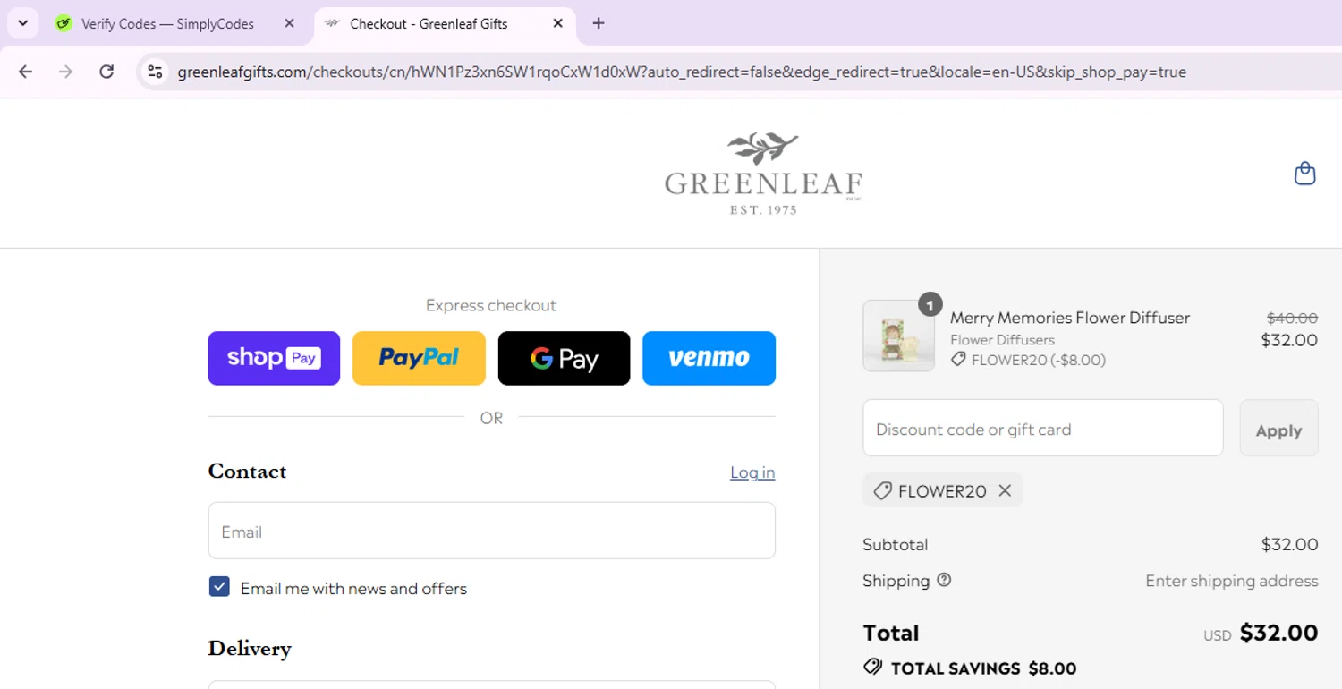 Greenleaf Gifts promo code screenshot showing code FLOWER20 applied at Greenleaf Gifts checkout page. Uploaded by SimplyCodes community member Morketools on Aug 4, 2025