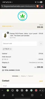 The Green Leaf Cannabis coupon verification screenshot