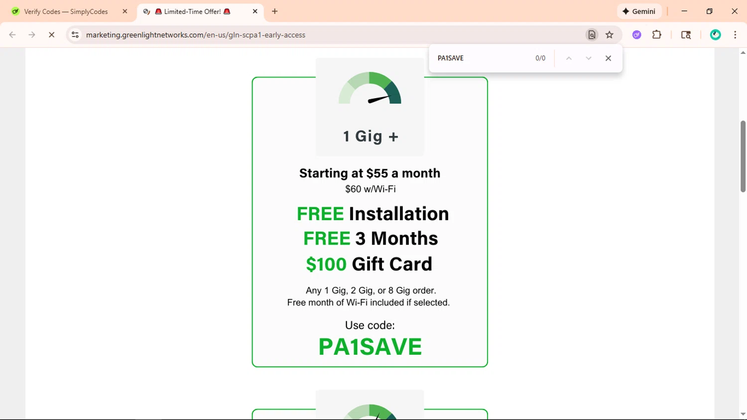 Greenlight Networks promo code screenshot showing code PA1SAVE applied at Greenlight Networks checkout page. Uploaded by SimplyCodes community member ShieldLegend9691 on Dec 13, 2025