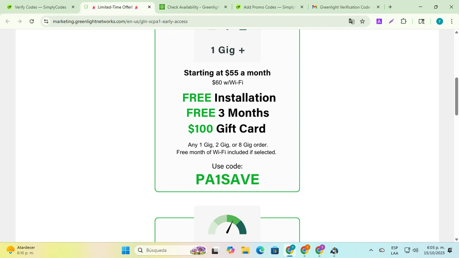 Greenlight Networks promo code screenshot showing code PA1SAVE applied at Greenlight Networks checkout page. Uploaded by SimplyCodes community member yadiracg074 on Oct 15, 2025