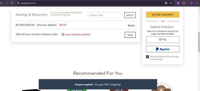Green Mountain Coffee checkout page showing Green Mountain Coffee promo code box | Screenshot taken by SimplyCodes community member on Feb 24, 2025
