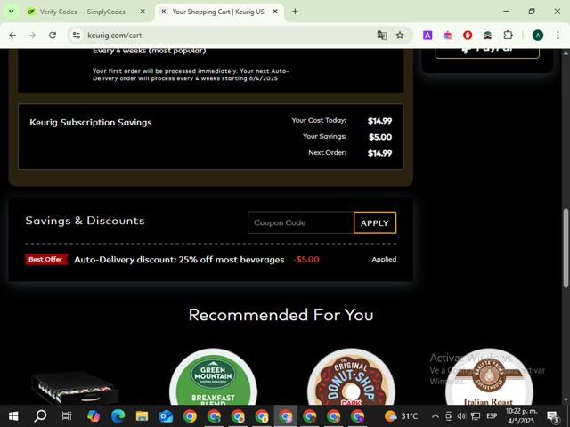 Green Mountain Coffee checkout page showing Green Mountain Coffee promo code box | Screenshot taken by SimplyCodes community member on May 5, 2025