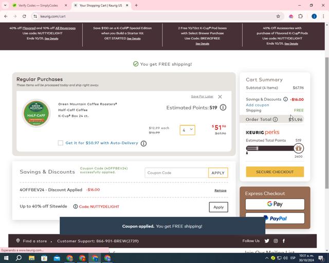 Green Mountain Coffee checkout page showing Green Mountain Coffee promo code box | Screenshot taken by SimplyCodes community member on Oct 30, 2024