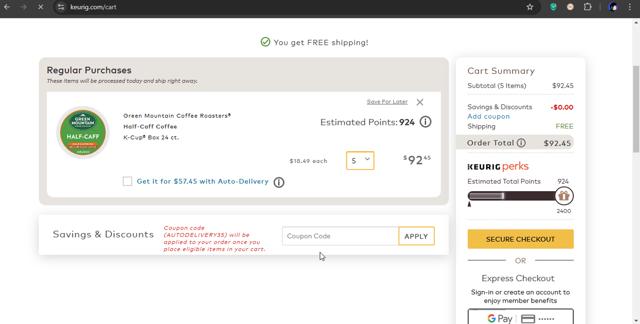 Green Mountain Coffee checkout page showing Green Mountain Coffee promo code box | Screenshot taken by SimplyCodes community member on Feb 5, 2025