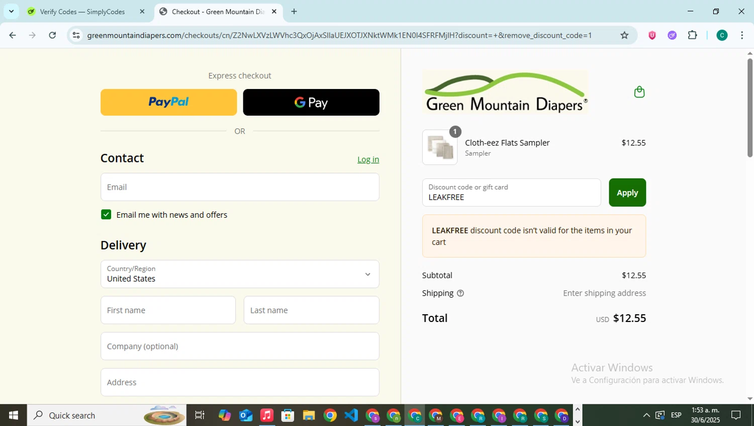 Green Mountain Diapers discount code screenshot showing code LEAKFREE applied at Green Mountain Diapers checkout page. Uploaded by SimplyCodes community member BonusPilot927 on Jun 30, 2025
