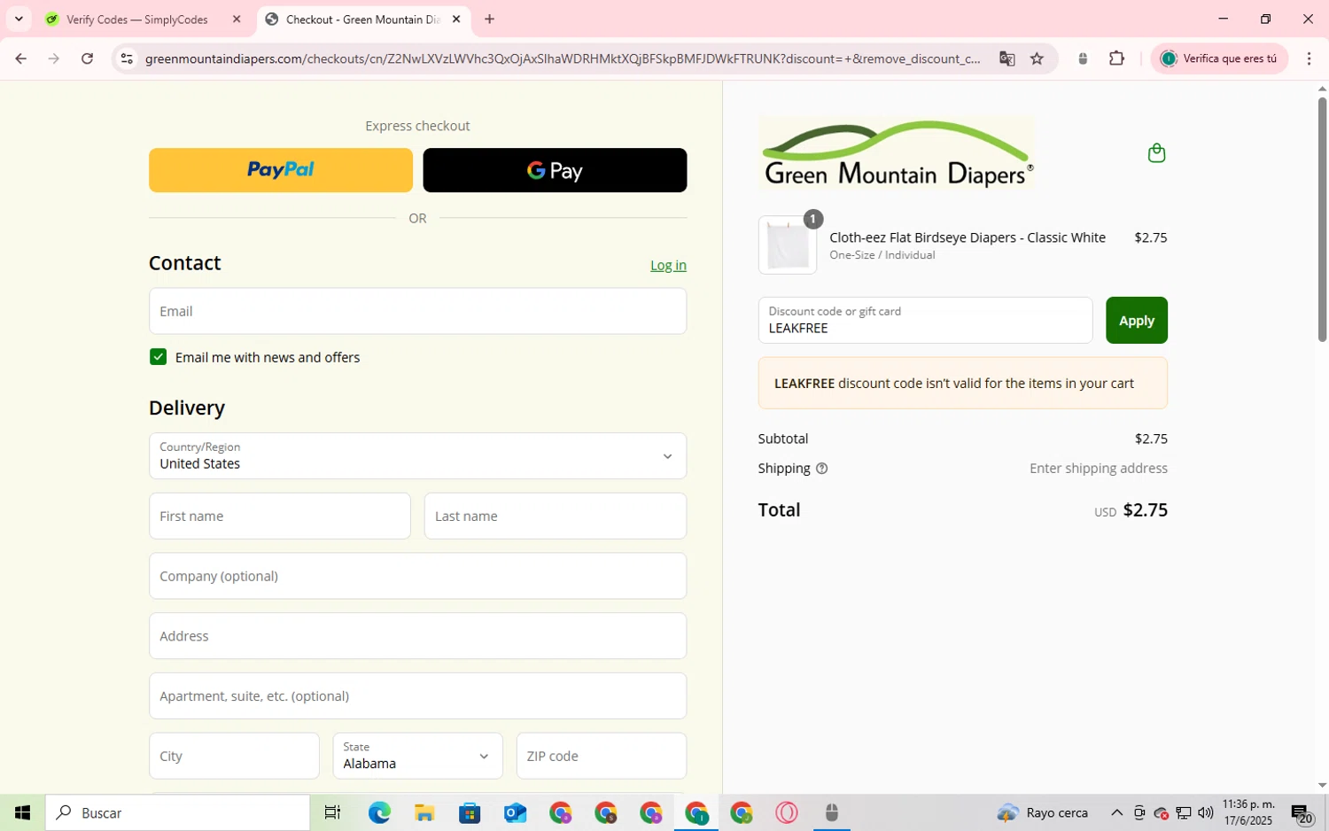 Green Mountain Diapers discount code screenshot showing code LEAKFREE applied at Green Mountain Diapers checkout page. Uploaded by SimplyCodes community member SmartShopper4328 on Jun 17, 2025