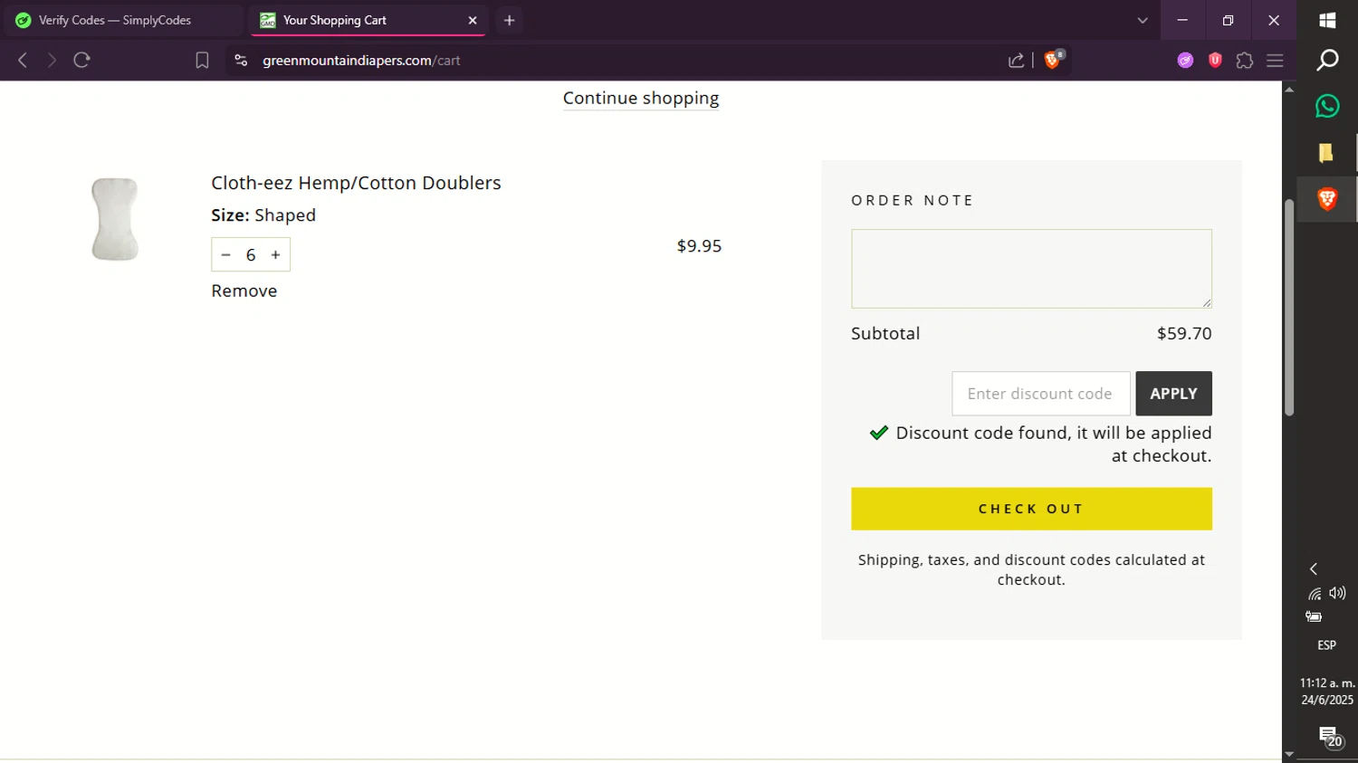 Green Mountain Diapers discount code screenshot showing code LEAKFREE applied at Green Mountain Diapers checkout page. Uploaded by SimplyCodes community member xXdevoragoticas69Xx on Jun 24, 2025