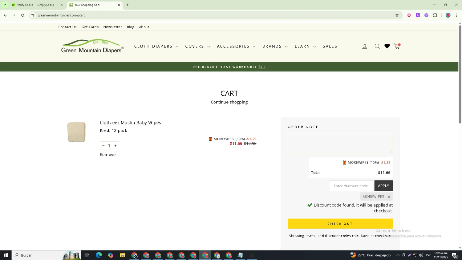 Green Mountain Diapers discount code screenshot showing code MOREWIPES applied at Green Mountain Diapers checkout page. Uploaded by SimplyCodes community member David_Garcia on Nov 11, 2025
