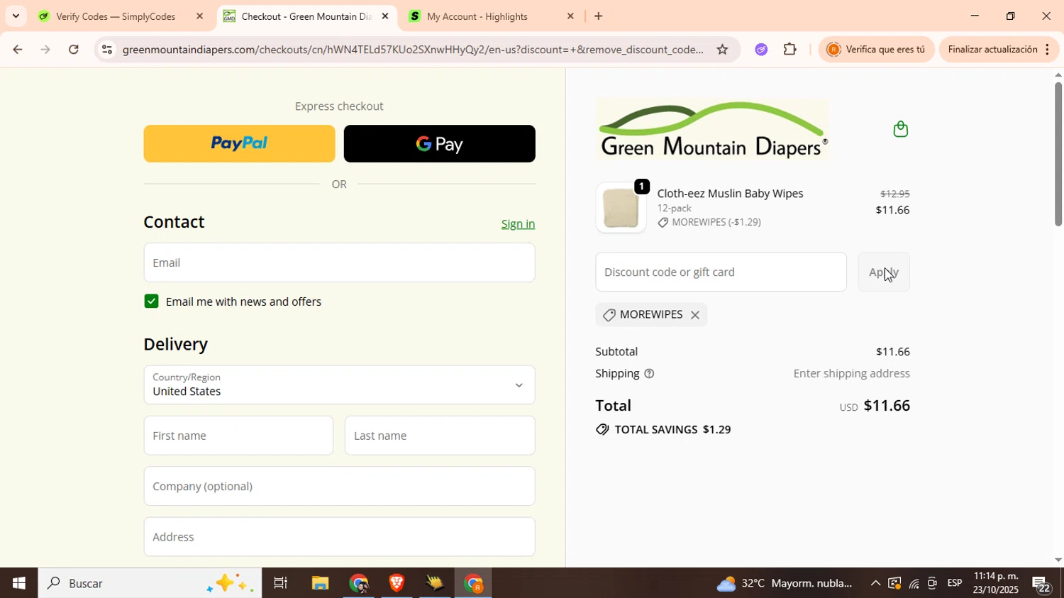 Green Mountain Diapers discount code screenshot showing code MOREWIPES applied at Green Mountain Diapers checkout page. Uploaded by SimplyCodes community member Sashayprin on Oct 24, 2025
