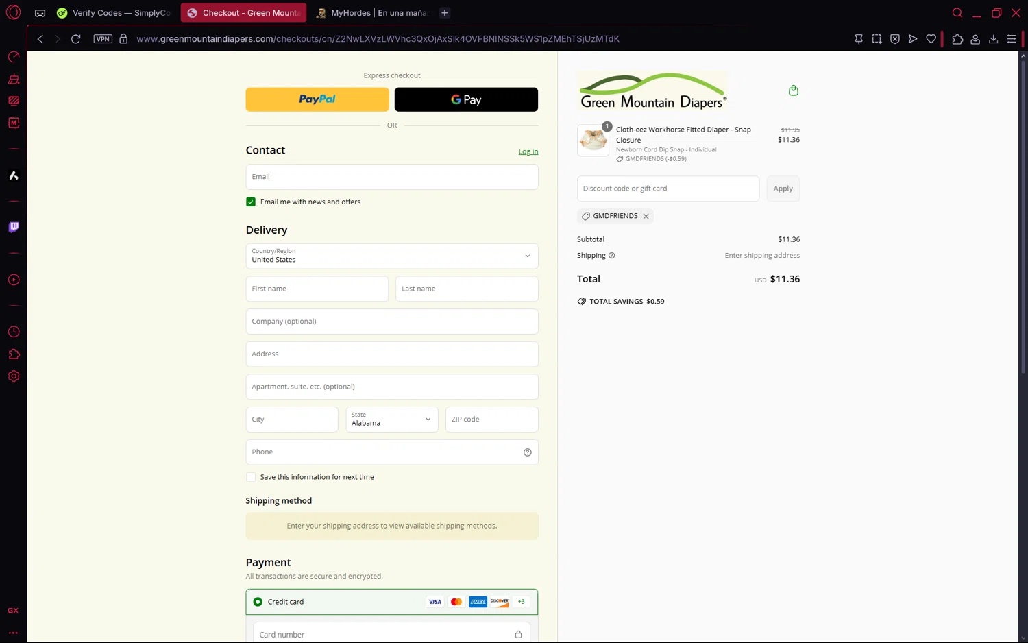 Green Mountain Diapers discount code screenshot showing code GMDFRIENDS applied at Green Mountain Diapers checkout page. Uploaded by SimplyCodes community member frijolito on Jun 21, 2025