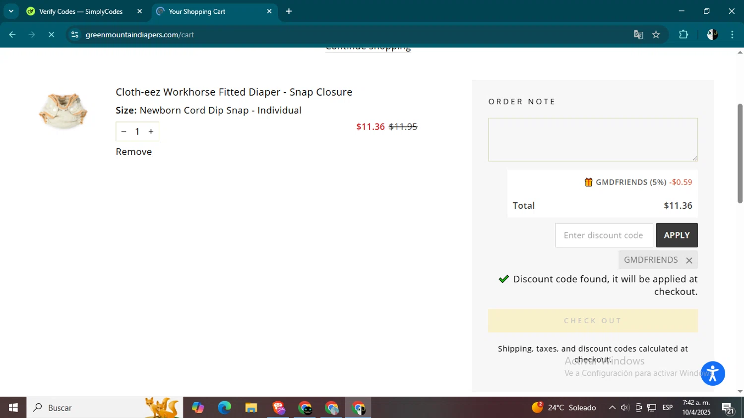 Green Mountain Diapers discount code screenshot showing code GMDFRIENDS applied at Green Mountain Diapers checkout page. Uploaded by SimplyCodes community member CleverSage9163 on Apr 10, 2025