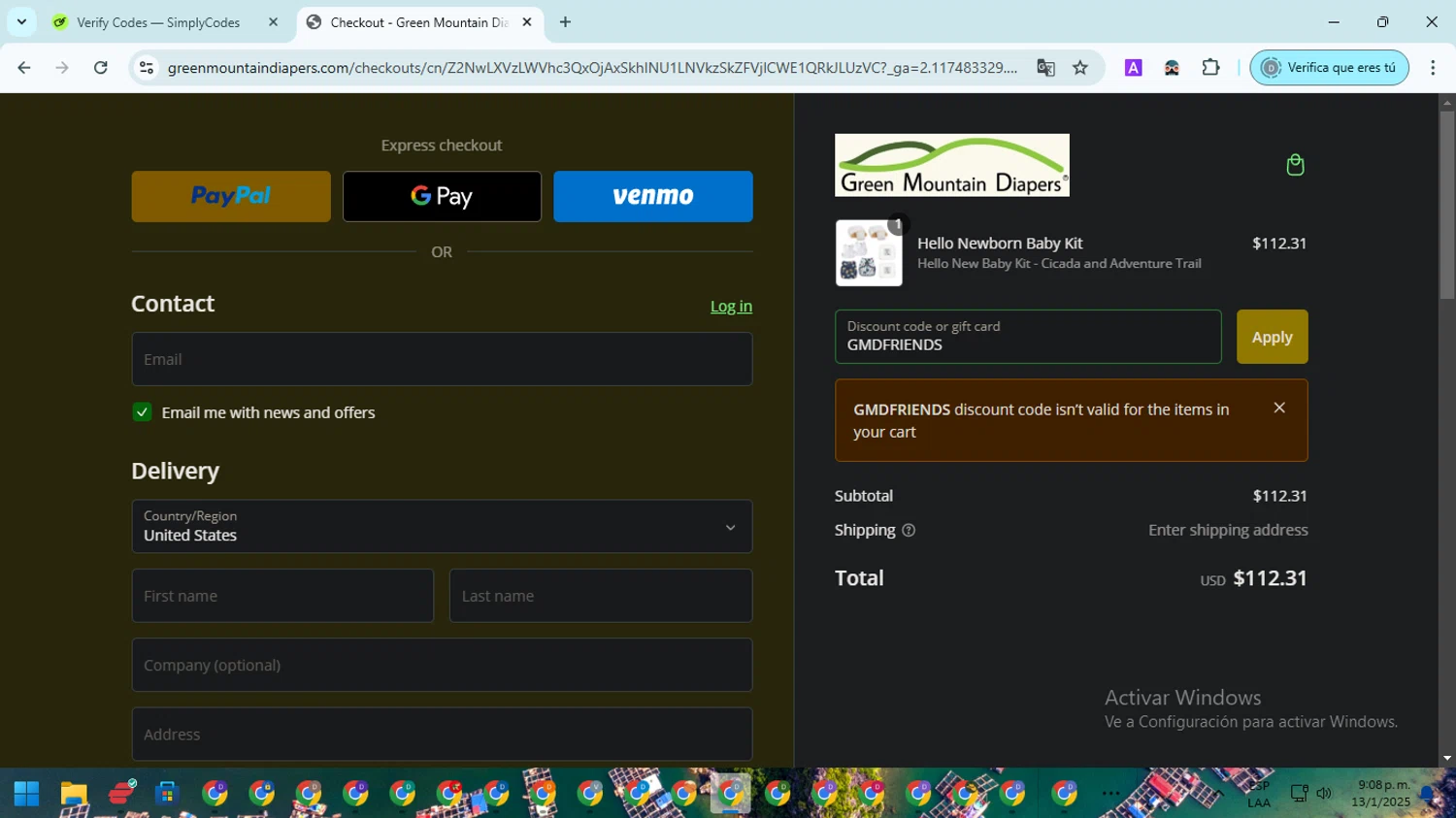 Green Mountain Diapers discount code screenshot showing code GMDFRIENDS applied at Green Mountain Diapers checkout page. Uploaded by SimplyCodes community member ScanMaven5756 on Jan 14, 2025