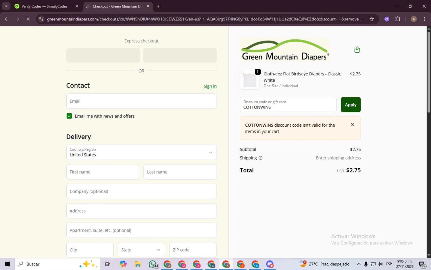 Green Mountain Diapers discount code screenshot showing code COTTONWINS applied at Green Mountain Diapers checkout page. Uploaded by SimplyCodes community member BargainGenius8397 on Nov 28, 2025