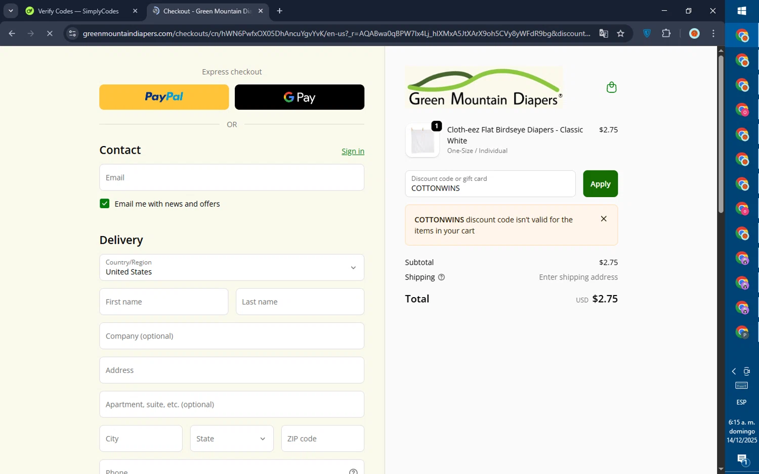 Green Mountain Diapers discount code screenshot showing code COTTONWINS applied at Green Mountain Diapers checkout page. Uploaded by SimplyCodes community member GoldPilot5958 on Dec 14, 2025
