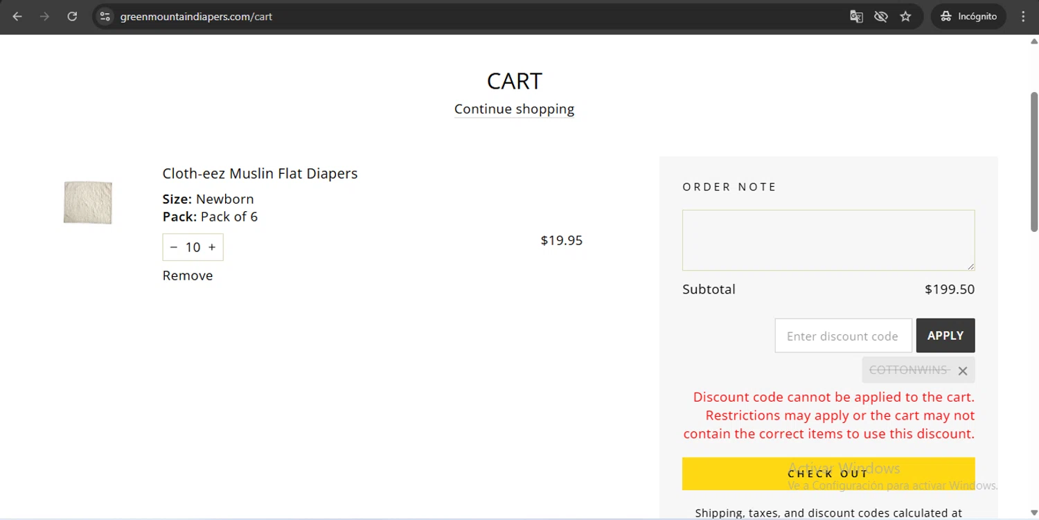 Green Mountain Diapers discount code screenshot showing code COTTONWINS applied at Green Mountain Diapers checkout page. Uploaded by SimplyCodes community member UchihaMadara on Oct 1, 2025