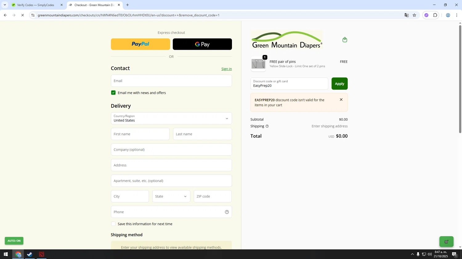 Green Mountain Diapers discount code screenshot showing code EasyPrep20 applied at Green Mountain Diapers checkout page. Uploaded by SimplyCodes community member HUMANIZER on Oct 21, 2025