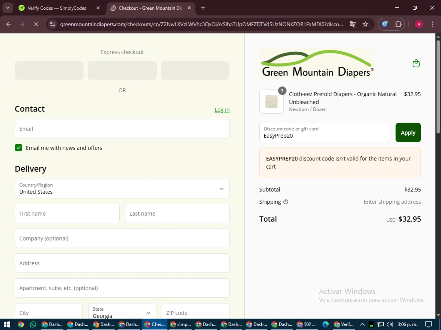 Green Mountain Diapers discount code screenshot showing code EasyPrep20 applied at Green Mountain Diapers checkout page. Uploaded by SimplyCodes community member ShieldEagle6102 on Jun 17, 2025
