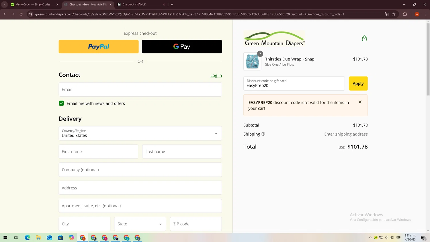 Green Mountain Diapers discount code screenshot showing code EasyPrep20 applied at Green Mountain Diapers checkout page. Uploaded by SimplyCodes community member zxxx27 on Feb 4, 2025