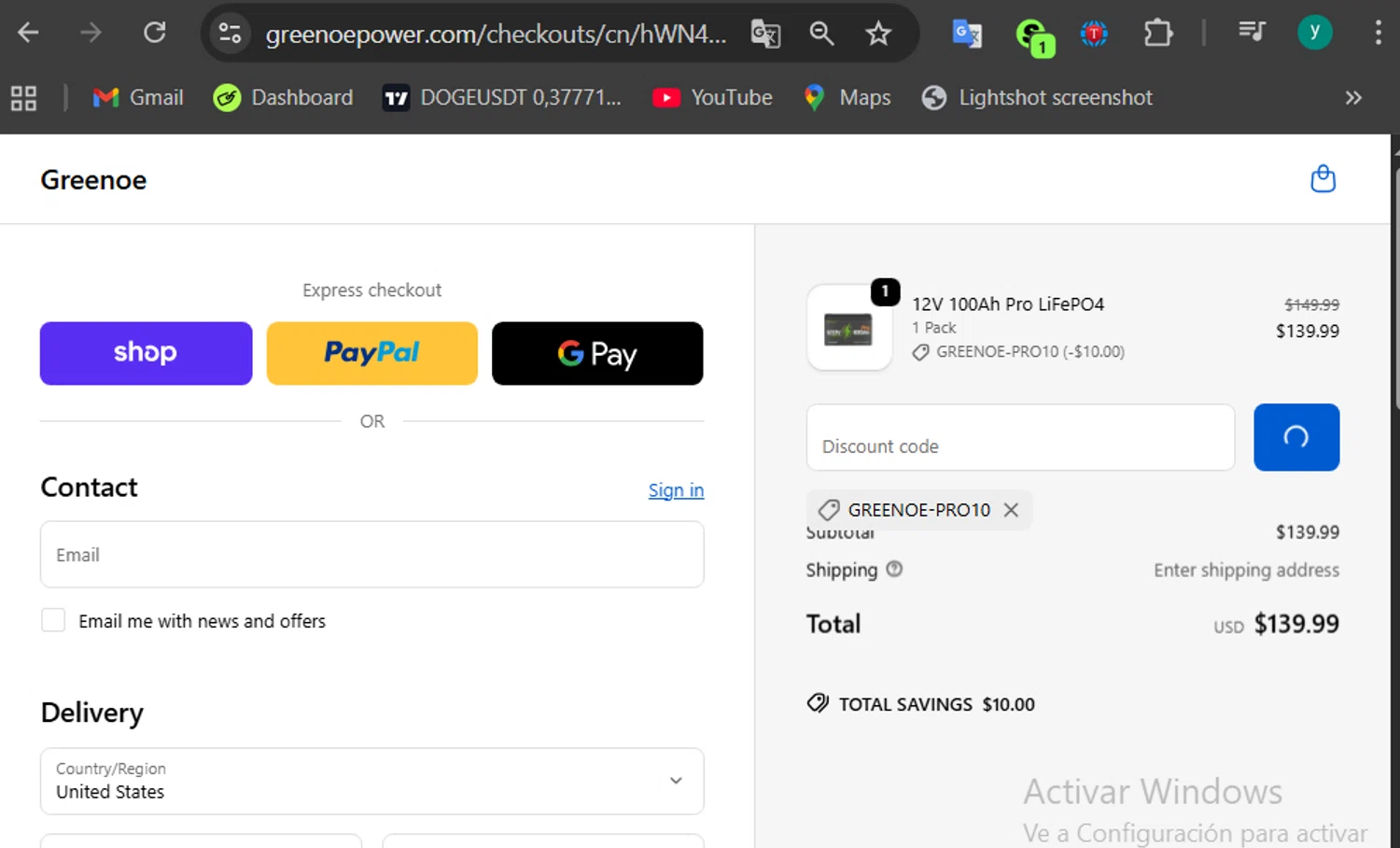 GreenOE Power promo code screenshot showing code GreenOE-Pro10 applied at GreenOE Power checkout page. Uploaded by SimplyCodes community member 502312 on Oct 30, 2025