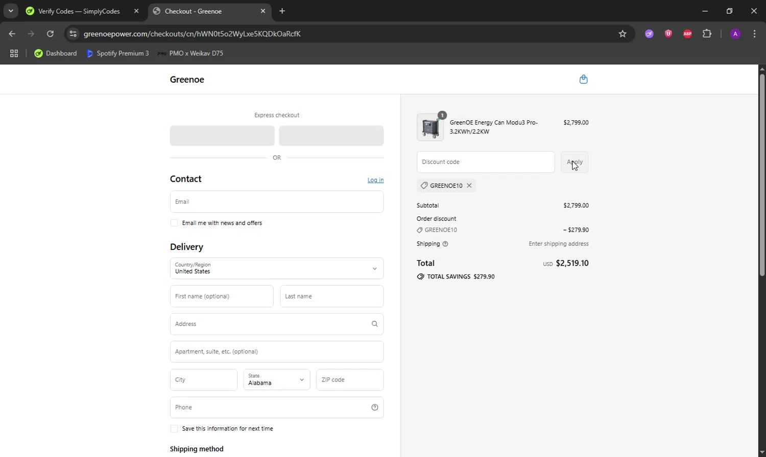 GreenOE Power promo code screenshot showing code GREENOE10 applied at GreenOE Power checkout page. Uploaded by SimplyCodes community member DeathBone on Jul 21, 2025