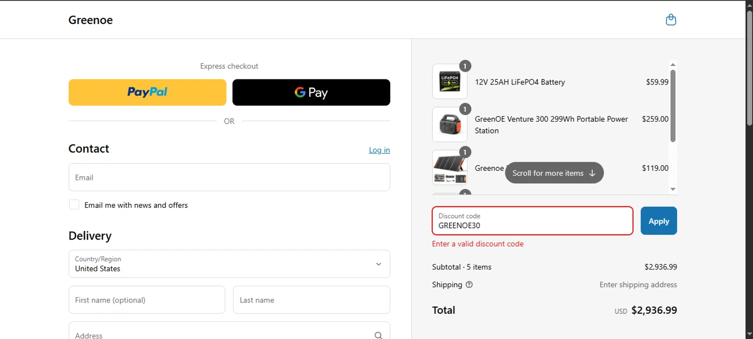 GreenOE Power promo code screenshot showing code GREENOE30 applied at GreenOE Power checkout page. Uploaded by SimplyCodes community member noworries on May 29, 2025