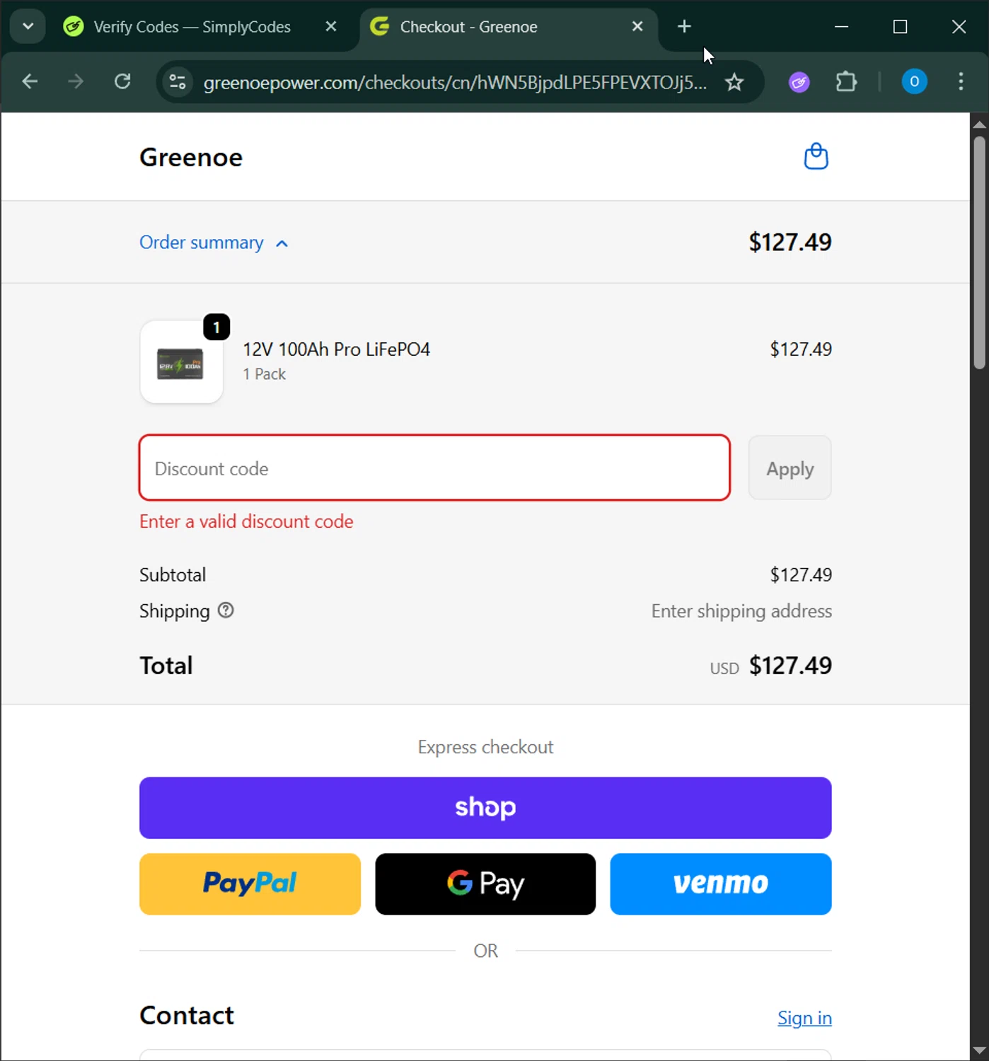 GreenOE Power promo code screenshot showing code Golf50 applied at GreenOE Power checkout page. Uploaded by SimplyCodes community member RoyalSage9159 on Nov 12, 2025