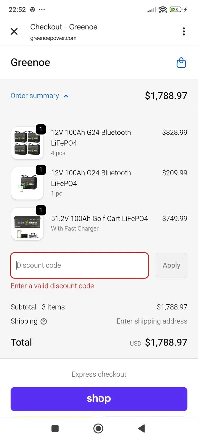 GreenOE Power promo code screenshot showing code GreenOE50 applied at GreenOE Power checkout page. Uploaded by SimplyCodes community member ShieldWhiz4659 on Nov 6, 2025