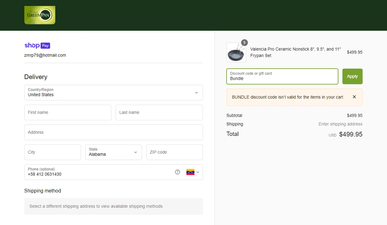 where to use Greenpan promo code box