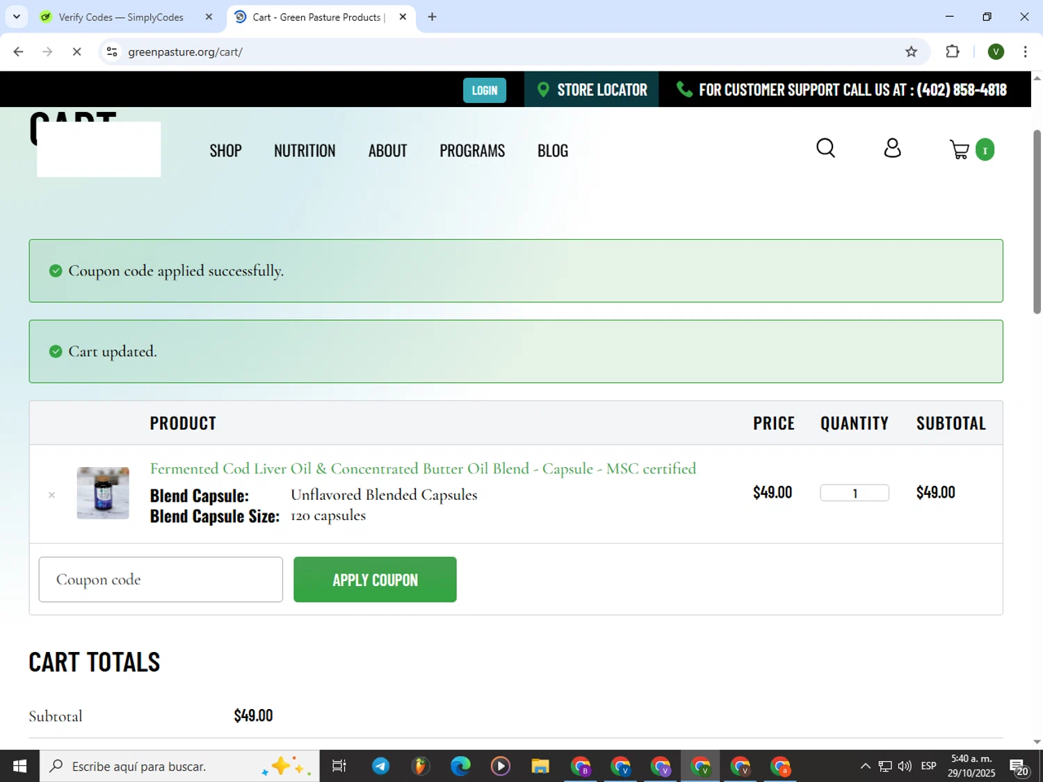 Green Pasture coupon code screenshot showing code emerald10 applied at Green Pasture checkout page. Uploaded by SimplyCodes community member PrimeWizard4168 on Oct 29, 2025