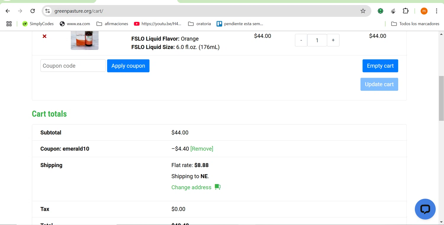 Green Pasture coupon code screenshot showing code emerald10 applied at Green Pasture checkout page. Uploaded by SimplyCodes community member ROIS28 on Jan 11, 2025
