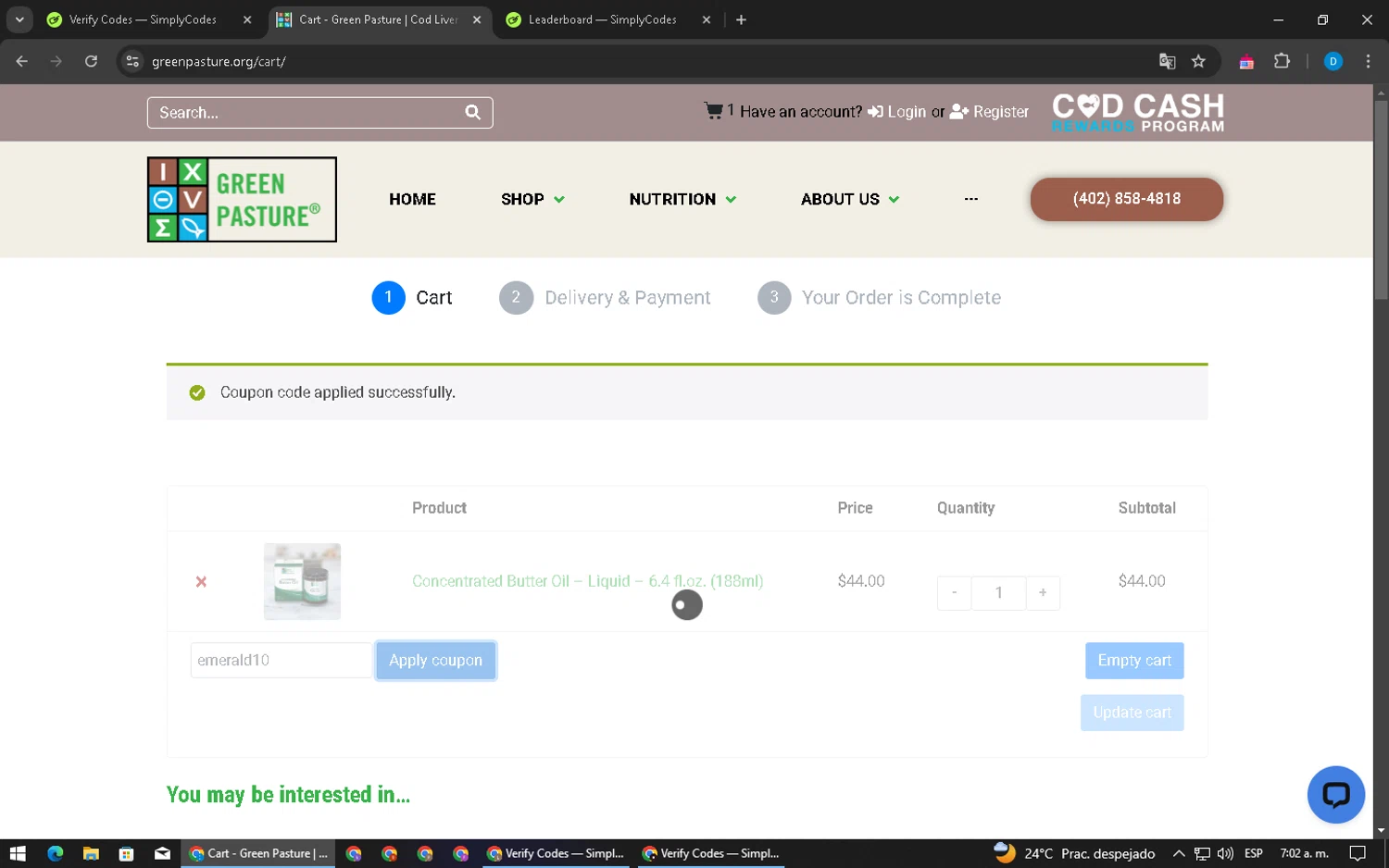 Green Pasture coupon code screenshot showing code emerald10 applied at Green Pasture checkout page. Uploaded by SimplyCodes community member LegendaryWarden2503 on Jan 11, 2025