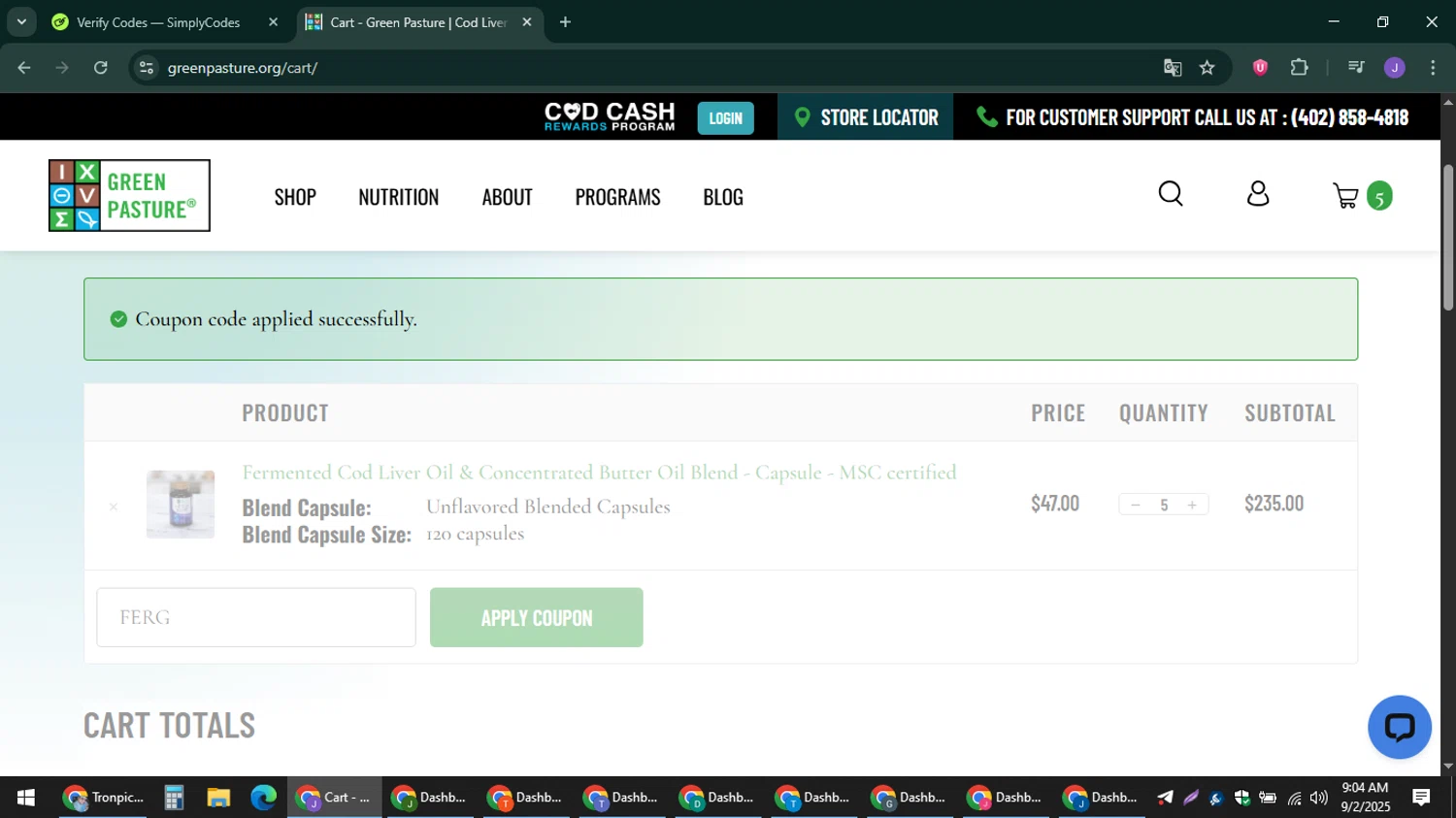 Green Pasture coupon code screenshot showing code FERG applied at Green Pasture checkout page. Uploaded by SimplyCodes community member sniderjack453 on Sep 2, 2025
