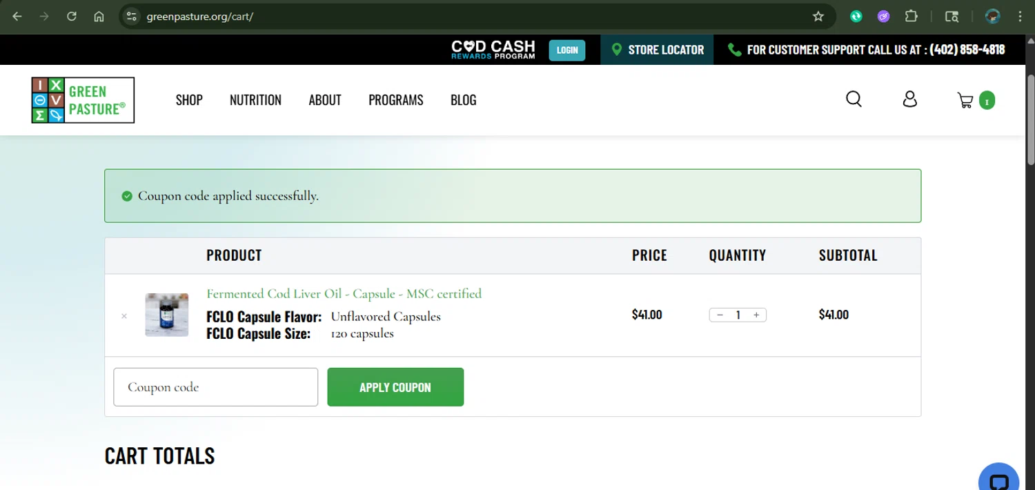 Green Pasture coupon code screenshot showing code FERG applied at Green Pasture checkout page. Uploaded by SimplyCodes community member xAngel on Oct 30, 2025