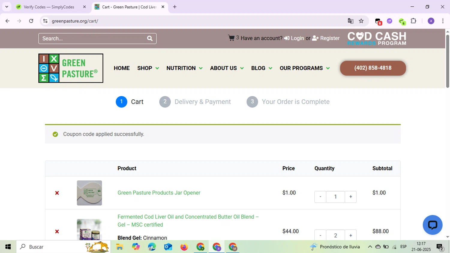 Green Pasture coupon code screenshot showing code HMF10 applied at Green Pasture checkout page. Uploaded by SimplyCodes community member AnferRodriiguez on Jun 21, 2025