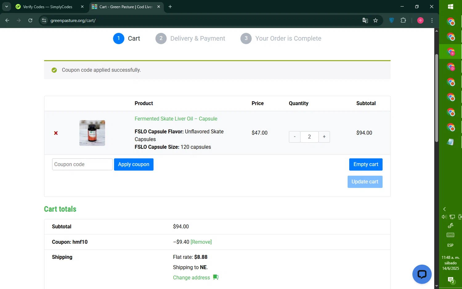 Green Pasture coupon code screenshot showing code HMF10 applied at Green Pasture checkout page. Uploaded by SimplyCodes community member RebateNavigator926 on Jun 14, 2025