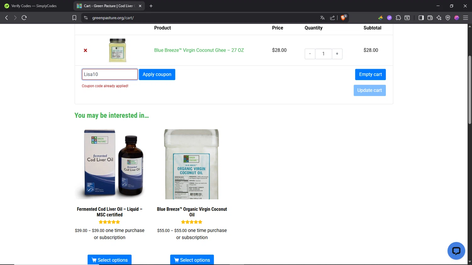 Green Pasture coupon code screenshot showing code Lisa10 applied at Green Pasture checkout page. Uploaded by SimplyCodes community member Morrachida04 on Jul 20, 2025