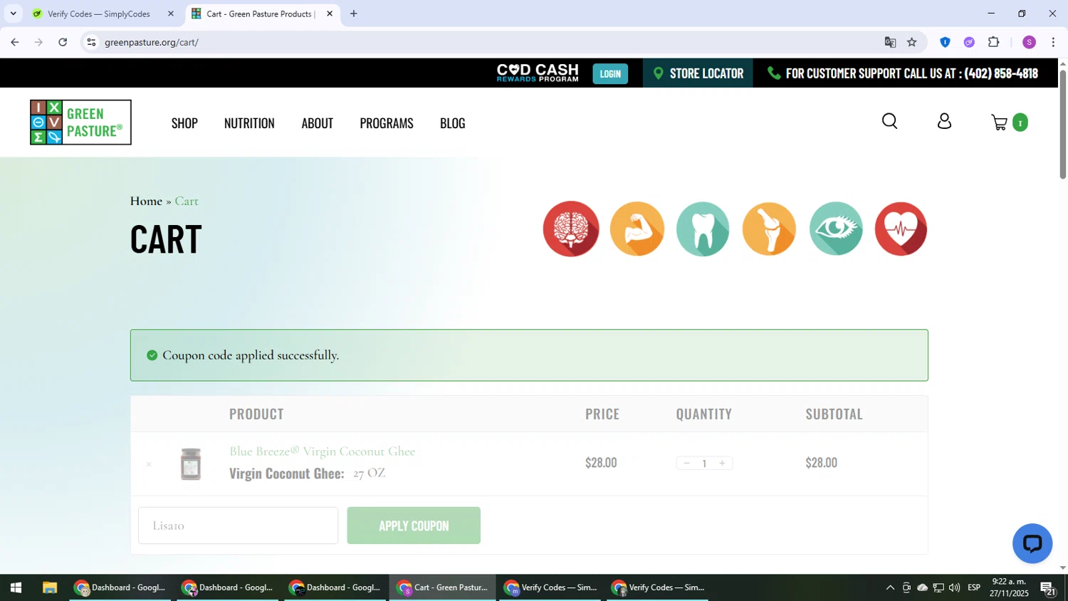 Green Pasture coupon code screenshot showing code Lisa10 applied at Green Pasture checkout page. Uploaded by SimplyCodes community member Son_Goku on Nov 27, 2025