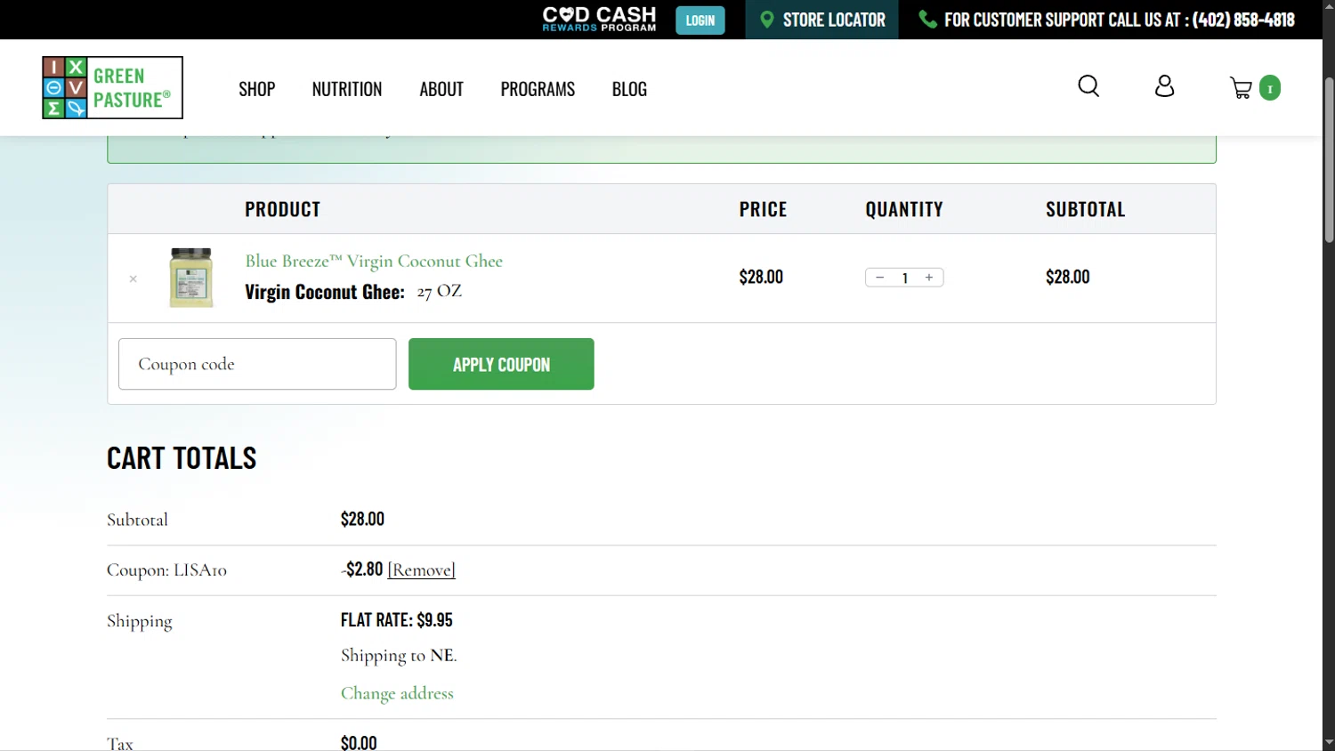 Green Pasture coupon code screenshot showing code Lisa10 applied at Green Pasture checkout page. Uploaded by SimplyCodes community member TokioMiller on Aug 18, 2025