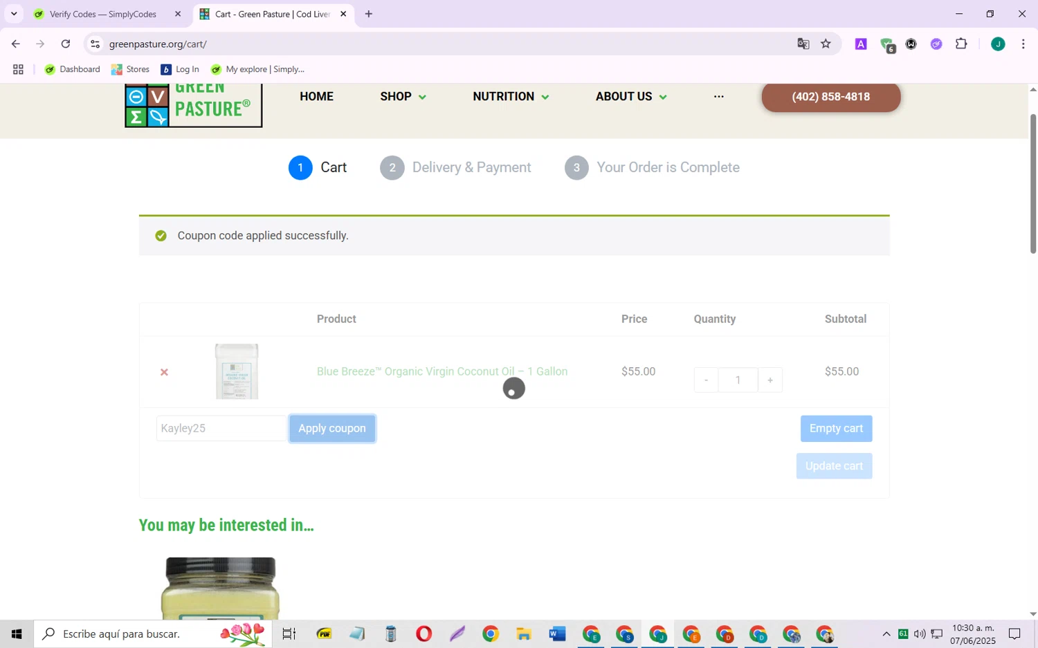 Green Pasture coupon code screenshot showing code Kayley25 applied at Green Pasture checkout page. Uploaded by SimplyCodes community member SarayH on Jun 7, 2025