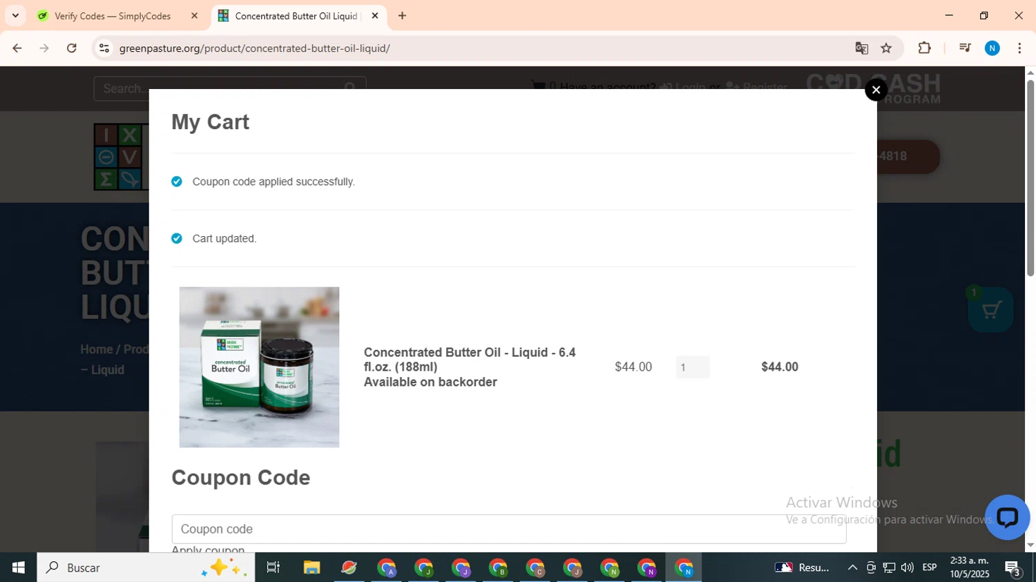 Green Pasture coupon code screenshot showing code Kayley25 applied at Green Pasture checkout page. Uploaded by SimplyCodes community member CoinHawk678 on May 10, 2025
