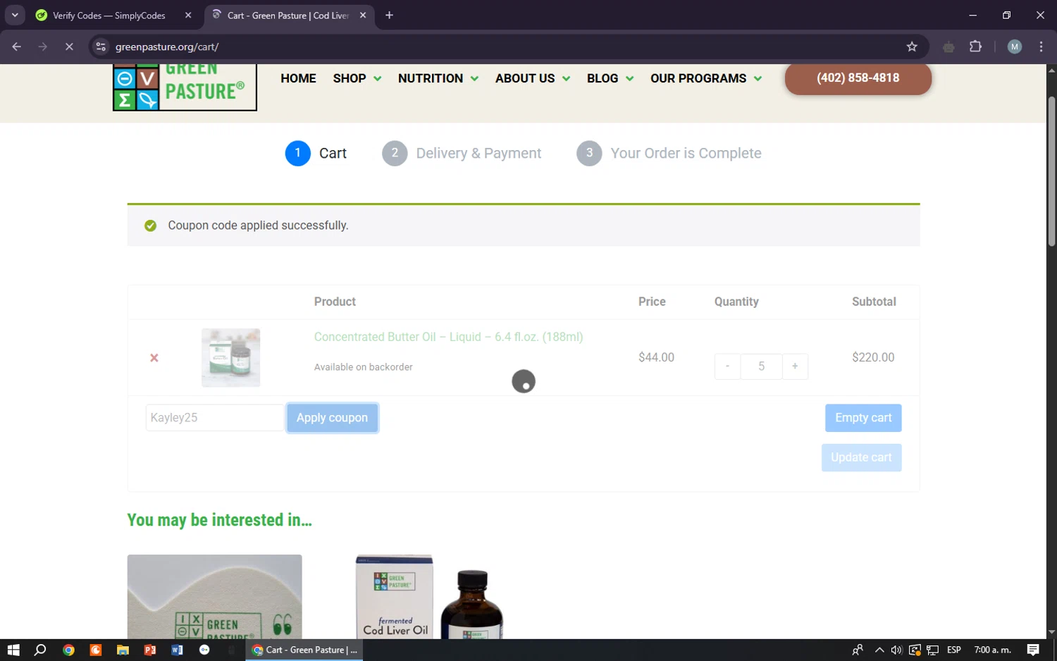 Green Pasture coupon code screenshot showing code Kayley25 applied at Green Pasture checkout page. Uploaded by SimplyCodes community member maraxo on May 10, 2025