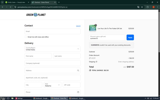 Green Planet US checkout page showing Green Planet US promo code box | Screenshot taken by SimplyCodes community member on Sep 7, 2025