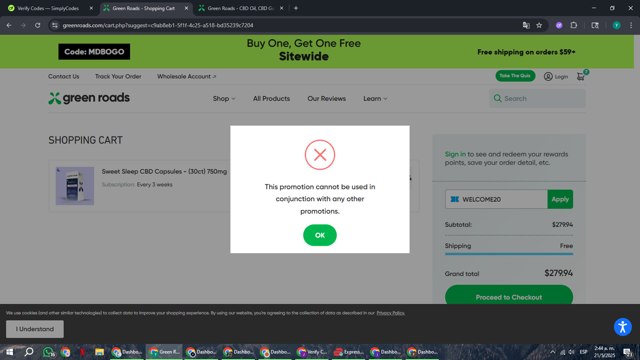 Green Roads checkout page showing Green Roads coupon code box | Screenshot taken by SimplyCodes community member on May 21, 2025