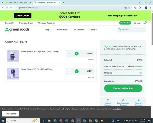 Green Roads checkout page showing Green Roads coupon code box | Screenshot taken by SimplyCodes community member on Jul 2, 2025