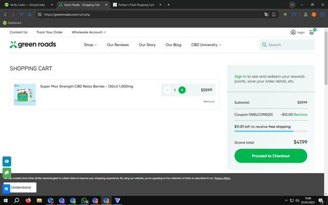 Green Roads checkout page showing Green Roads coupon code box | Screenshot taken by SimplyCodes community member on Jan 1, 2025