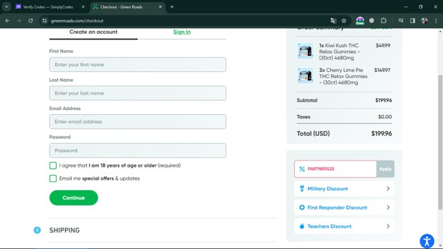 Green Roads checkout page showing Green Roads coupon code box | Screenshot taken by SimplyCodes community member on Feb 6, 2024